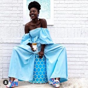 NWT Foravi light blue puff shoulder jumpsuit